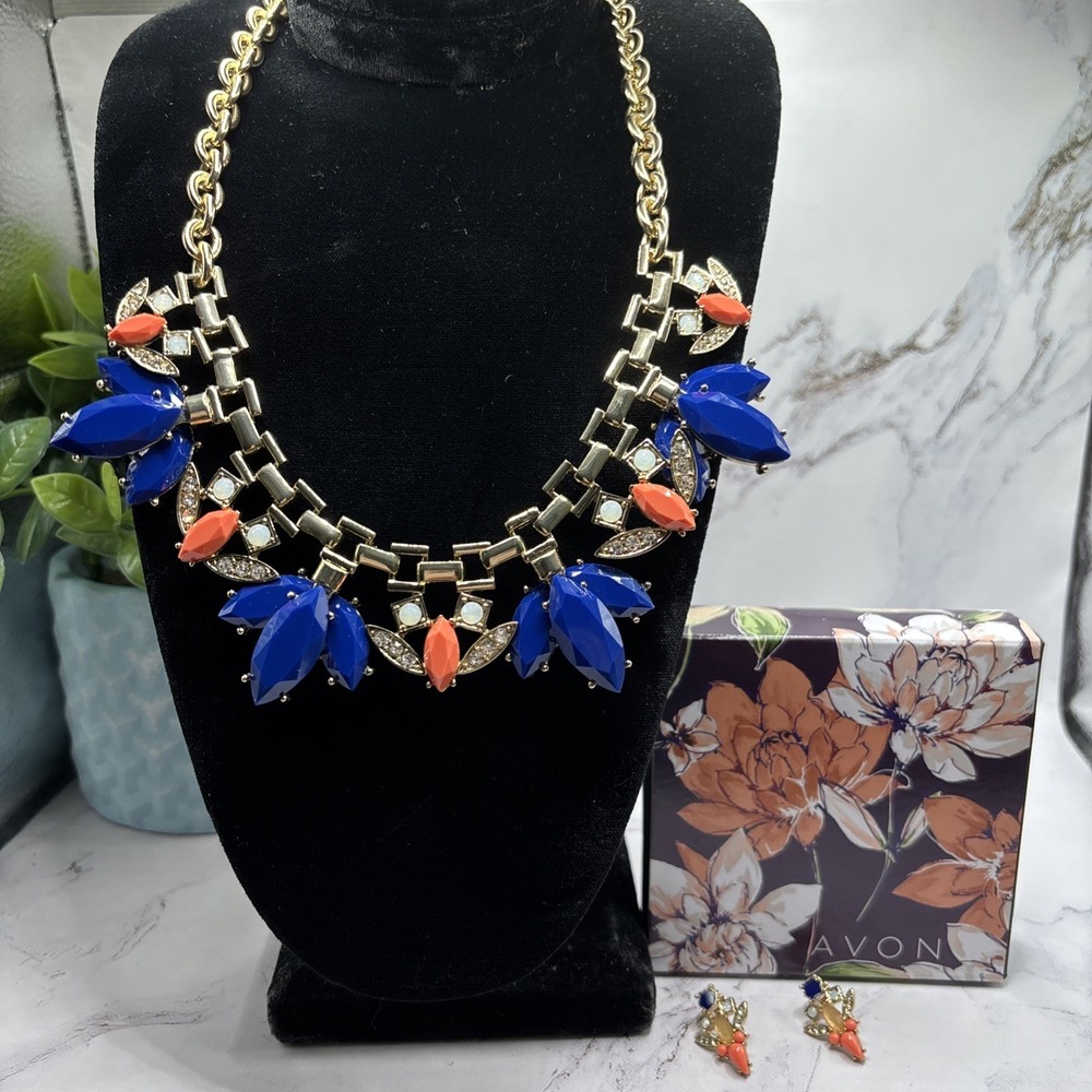 Avon Color Pop Statement Necklace & Post Earrings 18" Blue Orange & Gold New